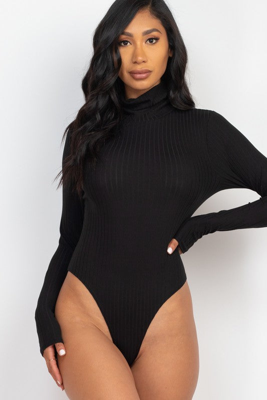 Solid Ribbed Turtle Neck Long Sleeve Bodysuit