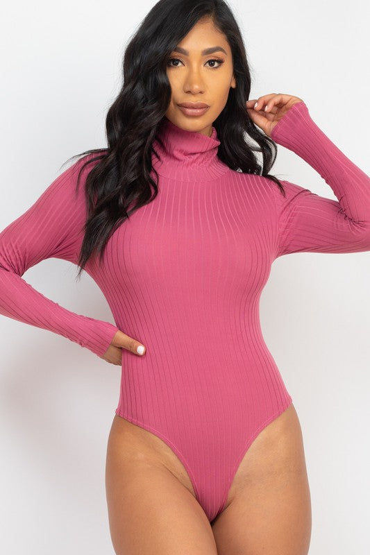 Solid Ribbed Turtle Neck Long Sleeve Bodysuit
