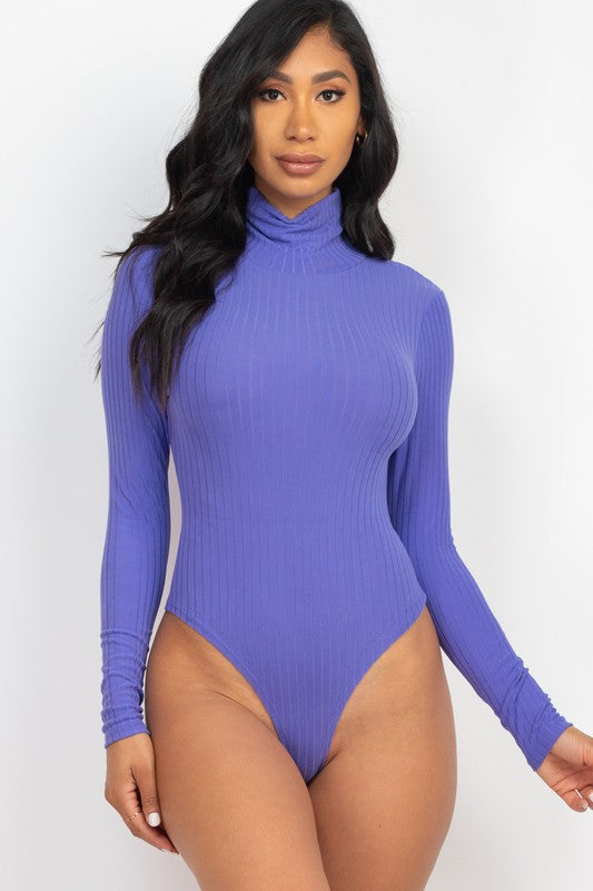Solid Ribbed Turtle Neck Long Sleeve Bodysuit