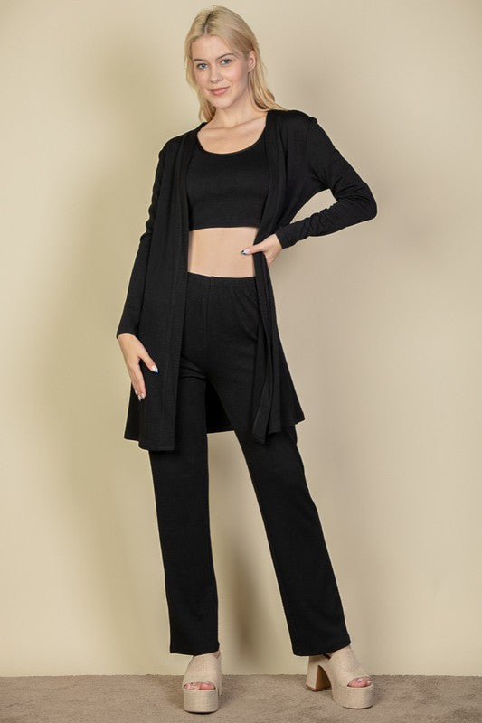 3 Piece Set Cardigan, Crop Tank Top and Pants Set