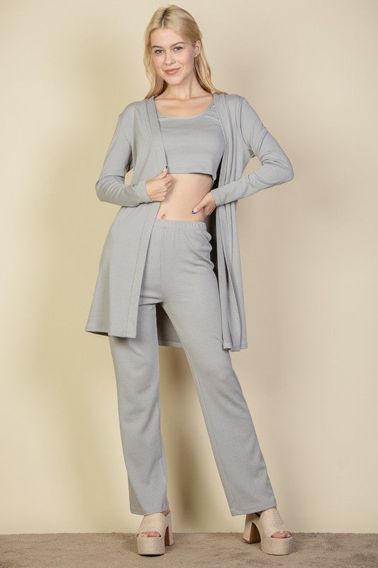 3 Piece Set Cardigan, Crop Tank Top and Pants Set