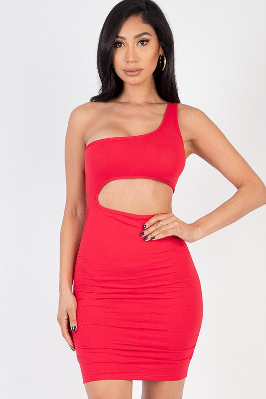 One Shoulder Cutout Front Ruched Bodycon Dress