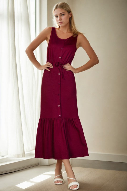 Button Front Tie Waist Sleeveless Maxi Dress