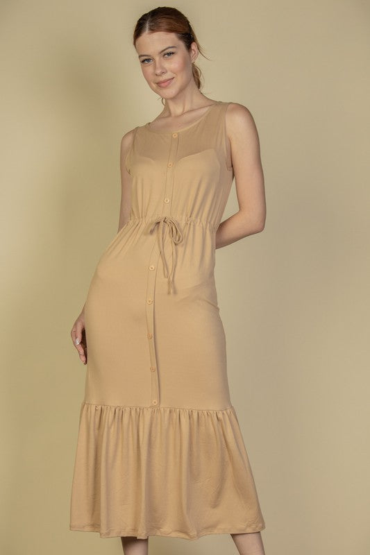 Button Front Tie Waist Sleeveless Maxi Dress