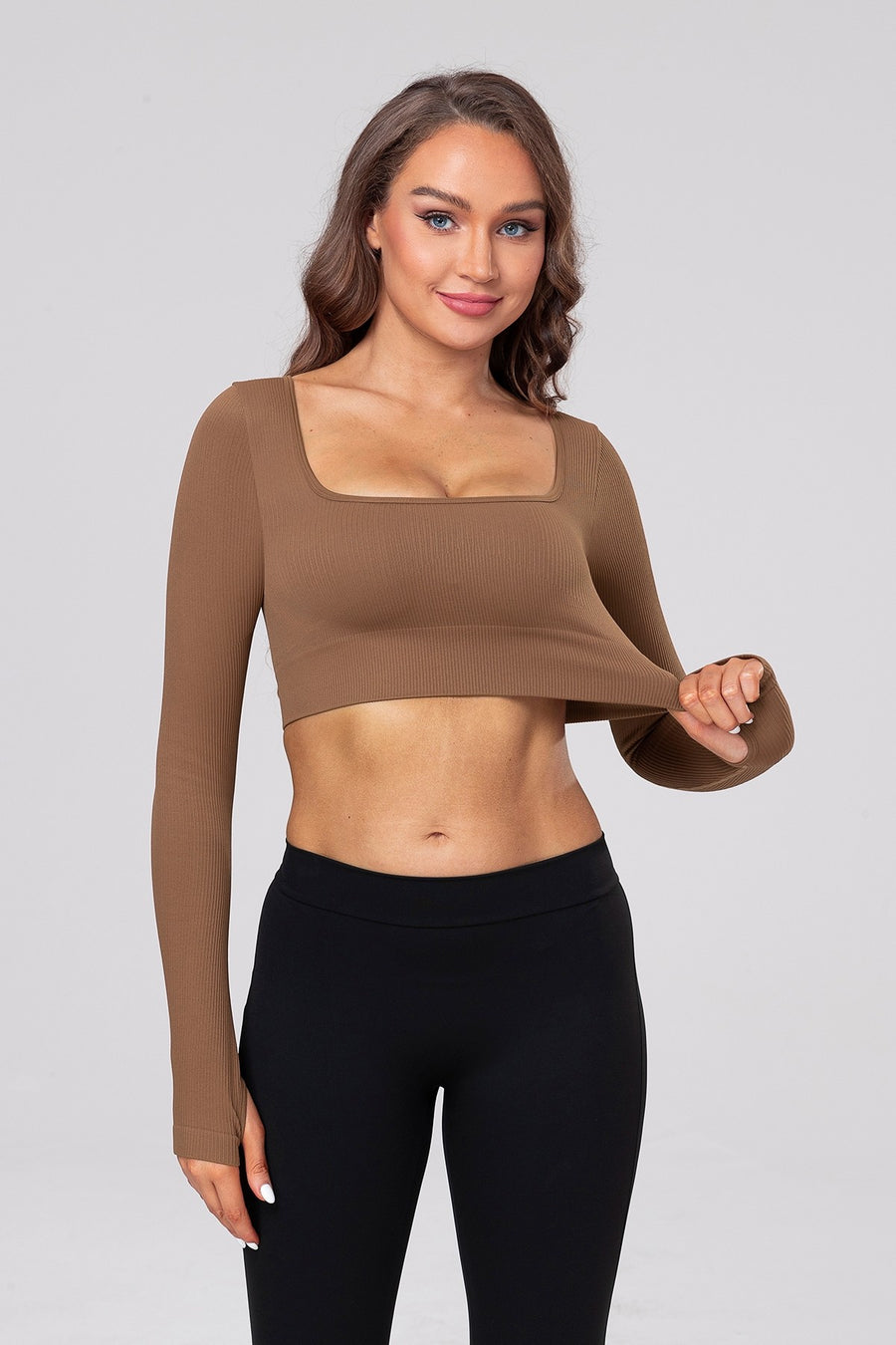 Long Sleeve Square Neck Ribbed Crop Top