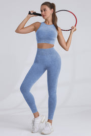 2pc Washed Sleeveless Top W/bra And Legging Set