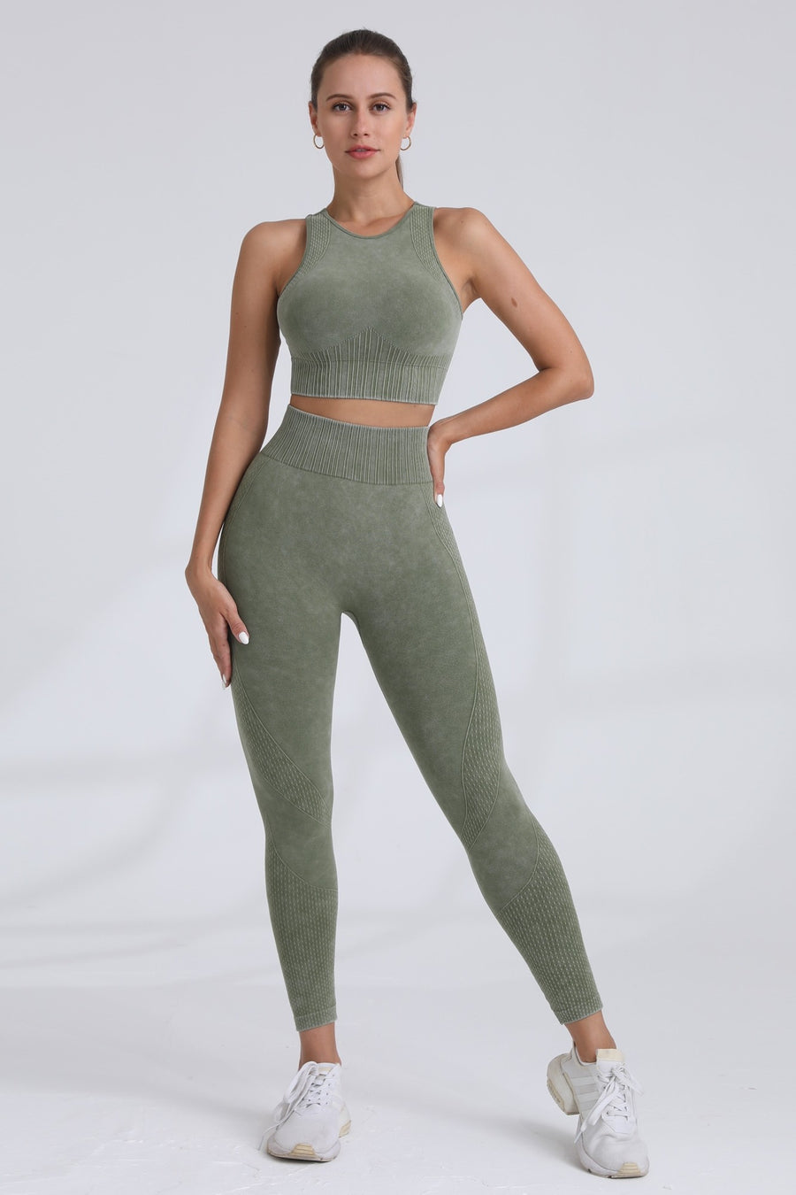 2pc Washed Sleeveless Top W/bra And Legging Set