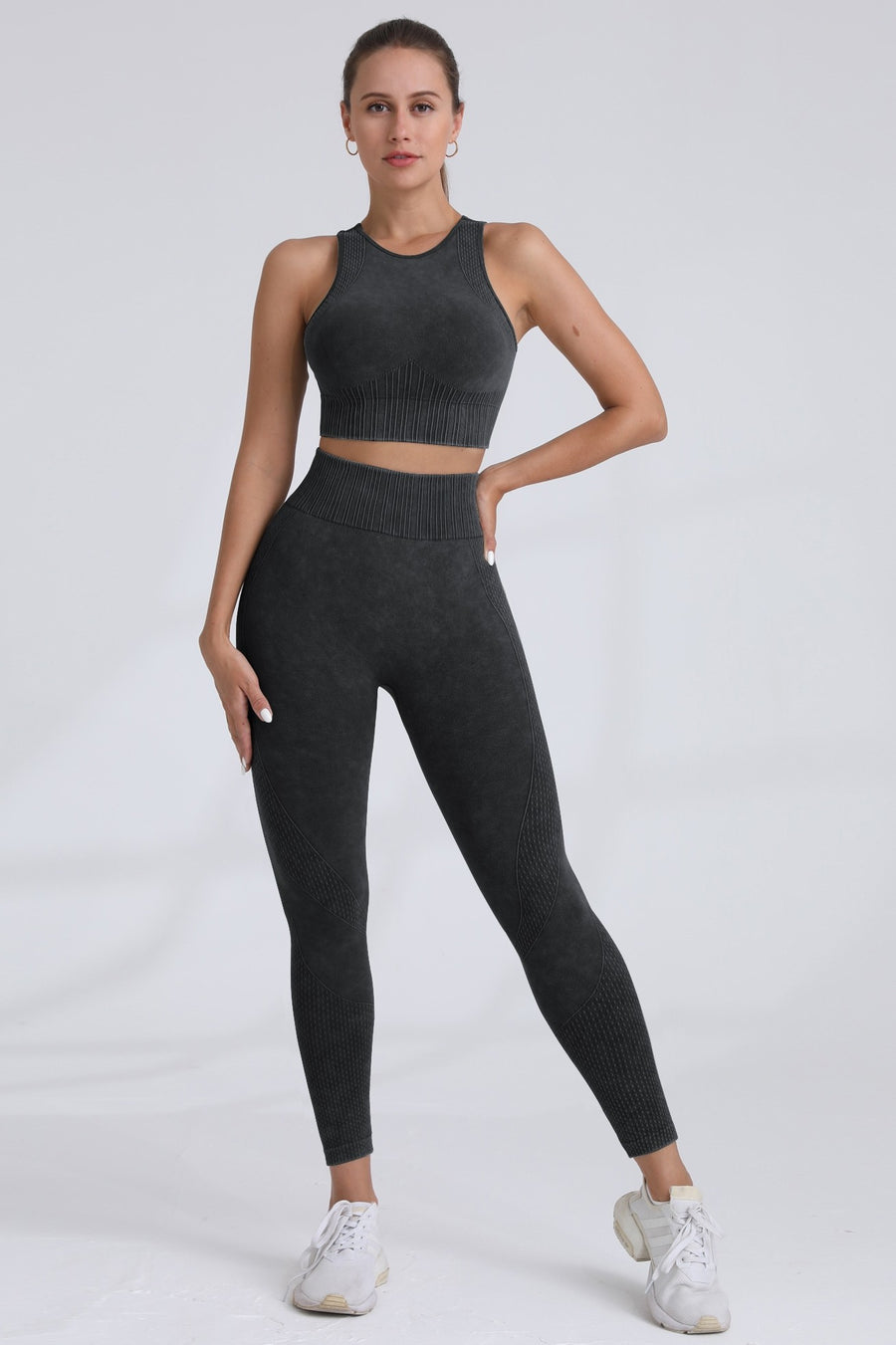 2pc Washed Sleeveless Top W/bra And Legging Set