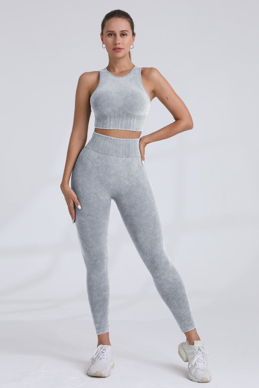 2pc Washed Sleeveless Top W/bra And Legging Set