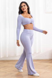 2pc Long Sleeve Crop Top W/bra & Flare Legging Set