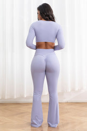 2pc Long Sleeve Crop Top W/bra & Flare Legging Set