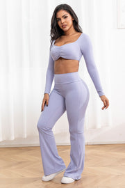 2pc Long Sleeve Crop Top W/bra & Flare Legging Set