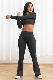 2pc Long Sleeve Crop Top W/bra & Flare Legging Set