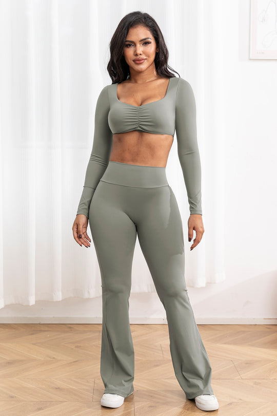 2pc Long Sleeve Crop Top W/bra & Flare Legging Set