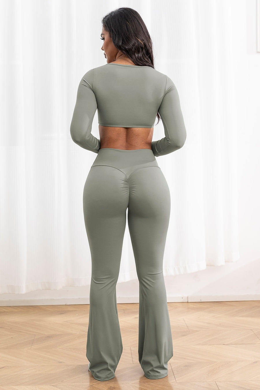2pc Long Sleeve Crop Top W/bra & Flare Legging Set