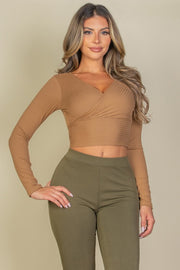 Solid Ribbed Wrap Front Long Sleeve Top