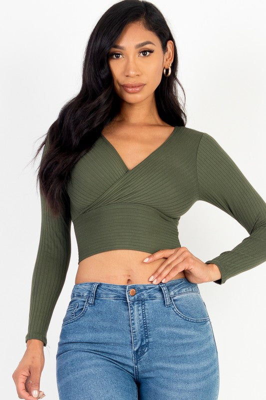 Solid Ribbed Wrap Front Long Sleeve Top