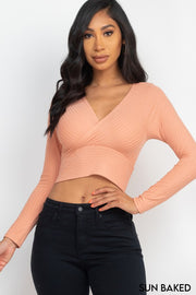 Solid Ribbed Wrap Front Long Sleeve Top
