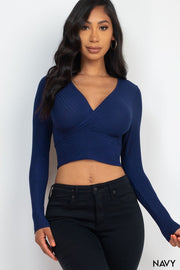 Solid Ribbed Wrap Front Long Sleeve Top