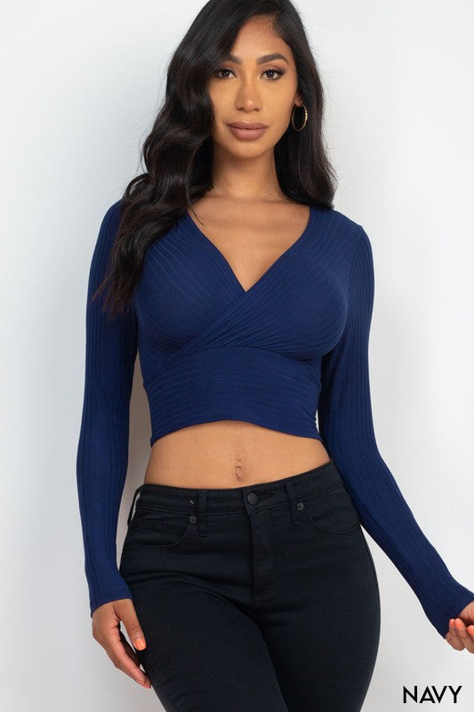 Solid Ribbed Wrap Front Long Sleeve Top