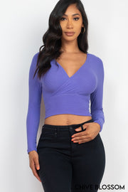 Solid Ribbed Wrap Front Long Sleeve Top