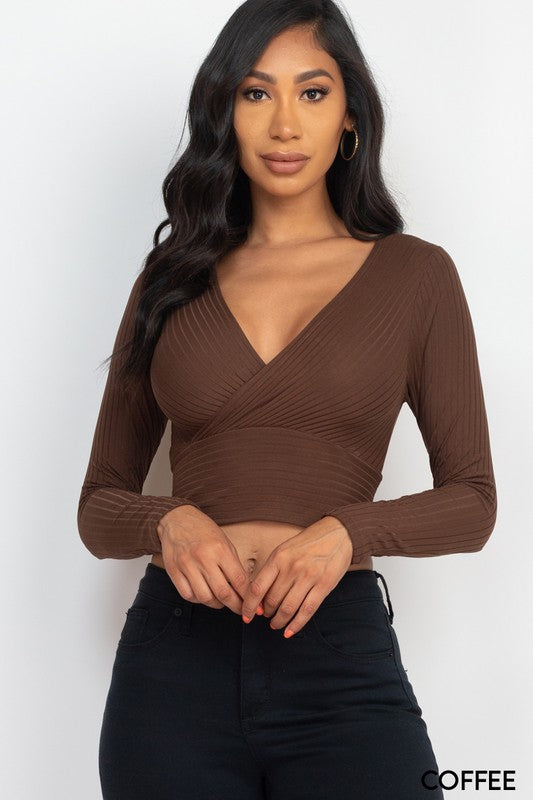 Solid Ribbed Wrap Front Long Sleeve Top