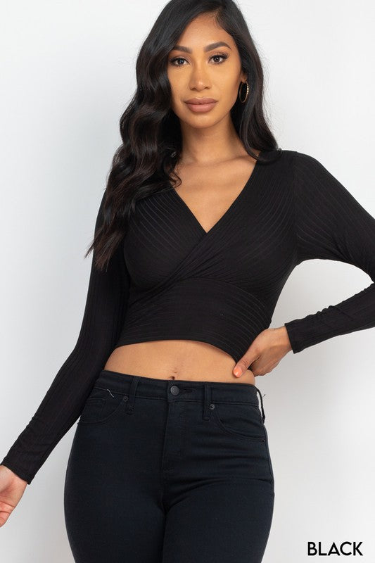Solid Ribbed Wrap Front Long Sleeve Top