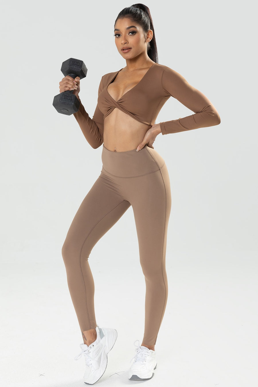 Twist Knot Long Sleeve Workout Crop Top W/bra