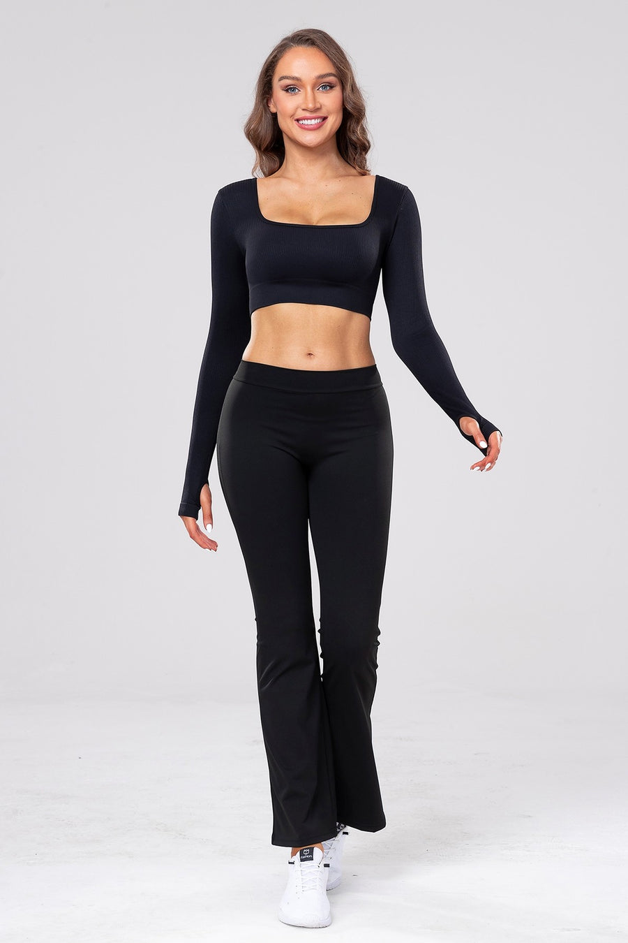 Long Sleeve Square Neck Ribbed Crop Top