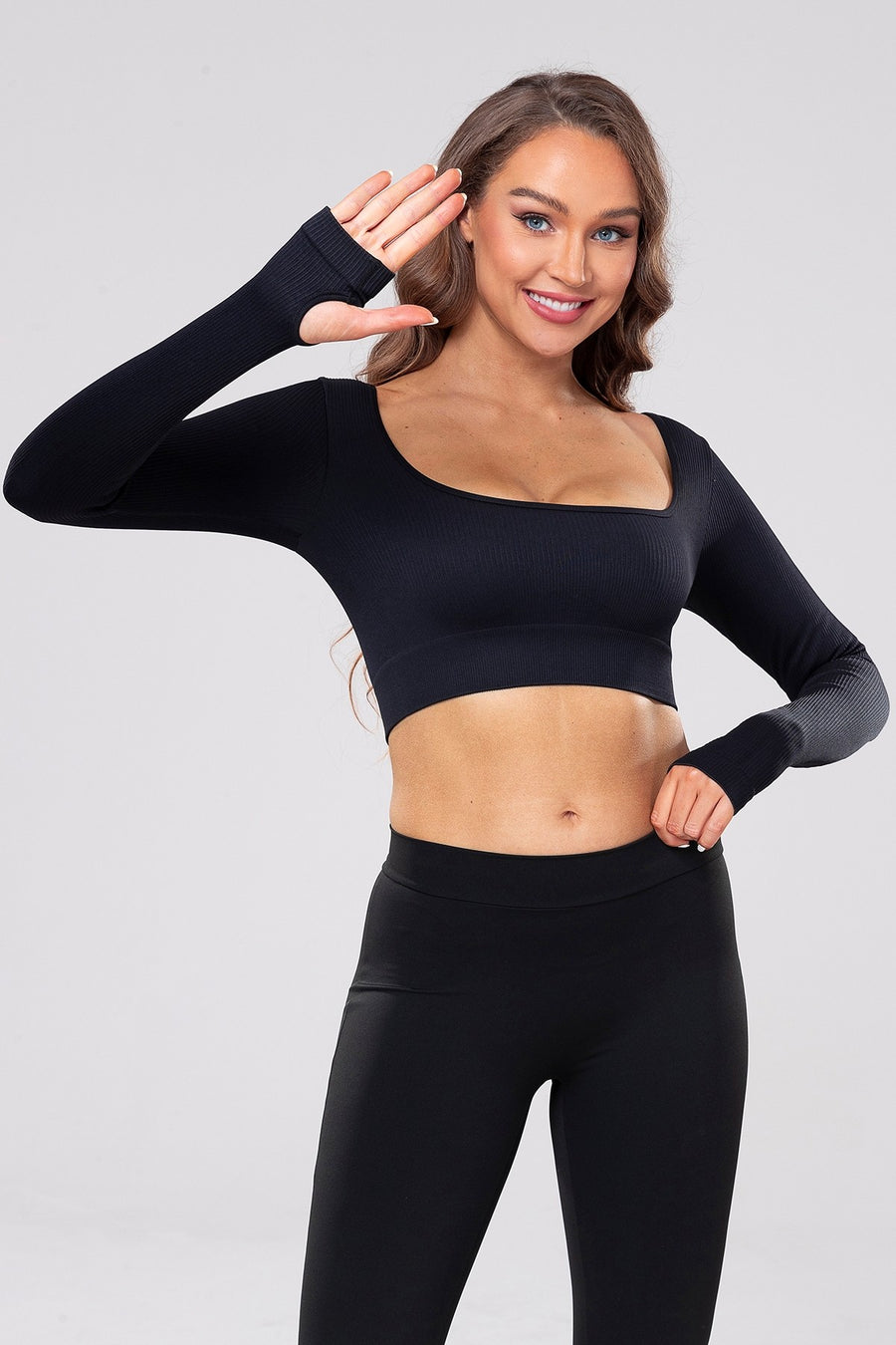 Long Sleeve Square Neck Ribbed Crop Top