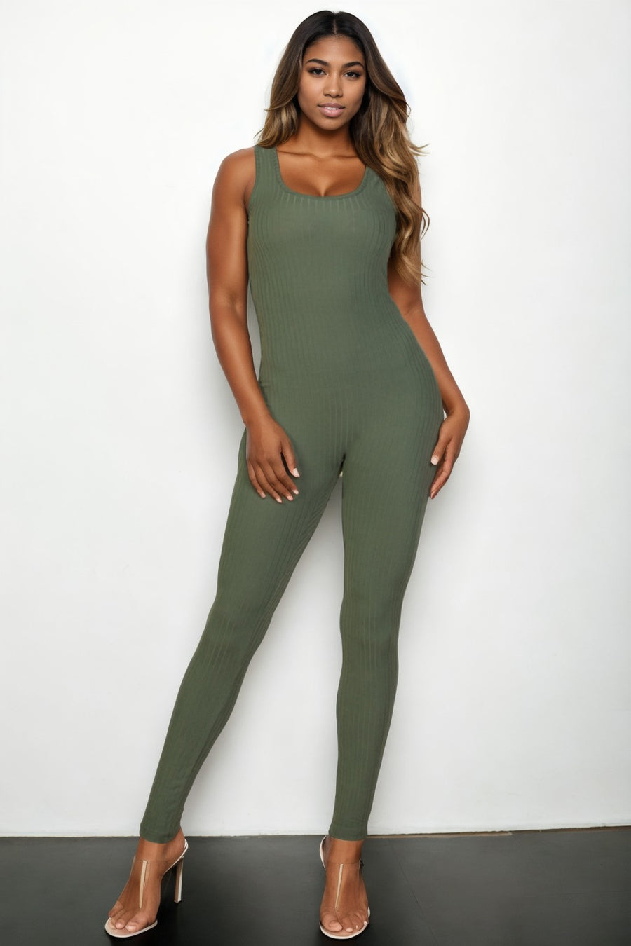 Ribbed Scoop Neck Bodycon Jumpsuit
