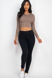 BASIC Exposed Seam Ribbed Long Sleeve Crop Top