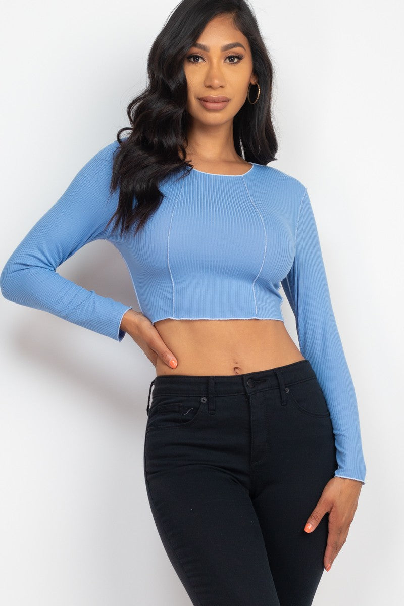 BASIC Exposed Seam Ribbed Long Sleeve Crop Top