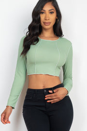 BASIC Exposed Seam Ribbed Long Sleeve Crop Top