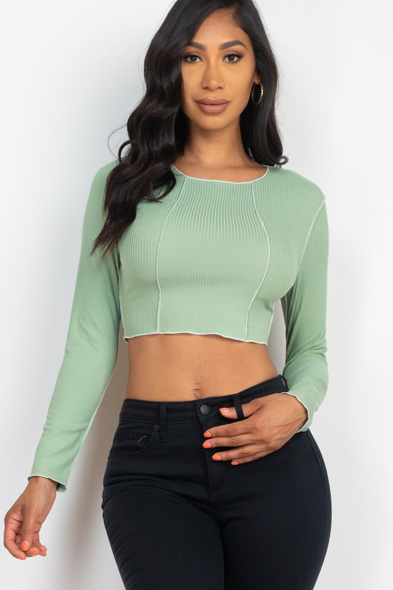 BASIC Exposed Seam Ribbed Long Sleeve Crop Top