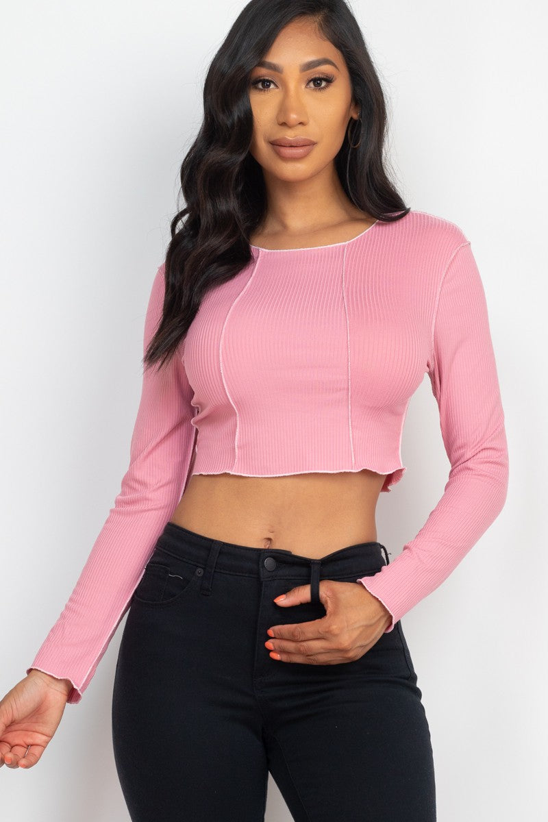 BASIC Exposed Seam Ribbed Long Sleeve Crop Top
