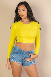 BASIC Exposed Seam Ribbed Long Sleeve Crop Top