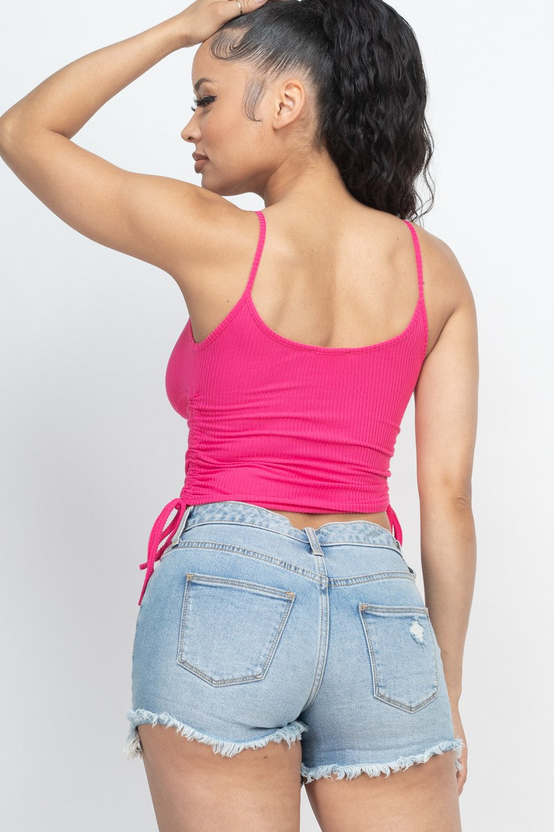 Ribbed Front Ruched Side String Crop Summer Top