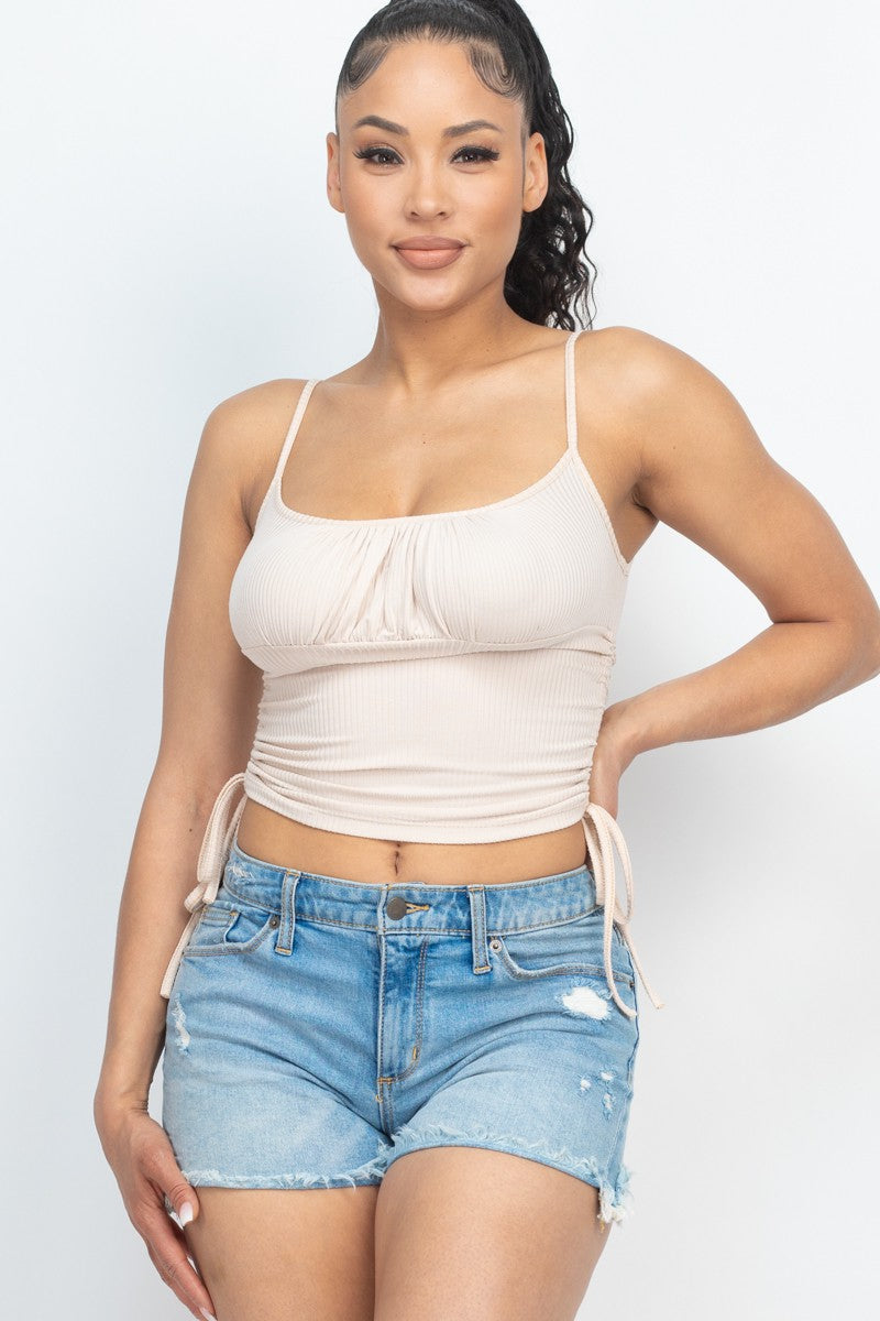 Ribbed Front Ruched Side String Crop Summer Top