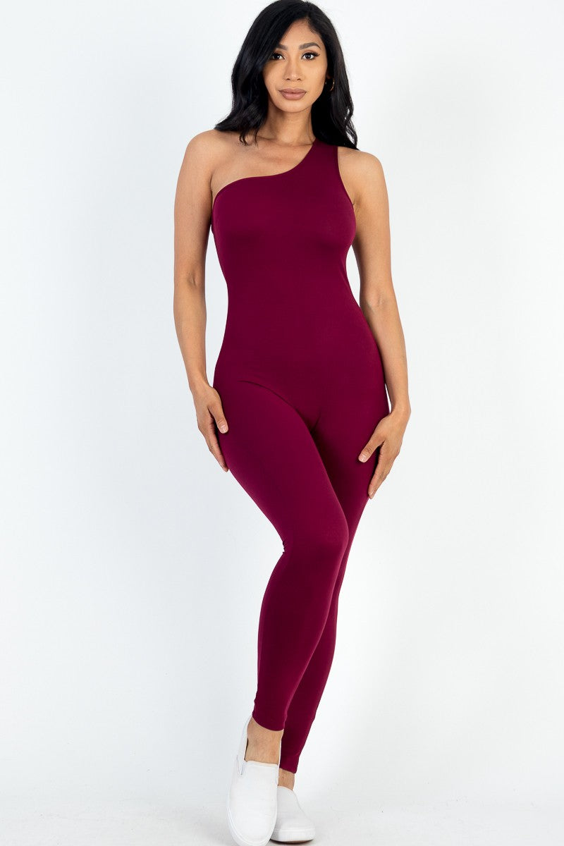 Solid Color One Shoulder Bodycon Jumpsuit