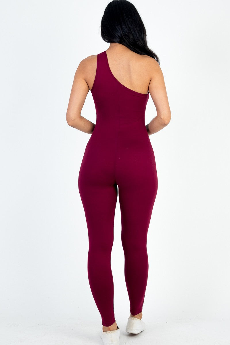 Solid Color One Shoulder Bodycon Jumpsuit