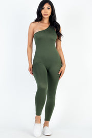 Solid Color One Shoulder Bodycon Jumpsuit