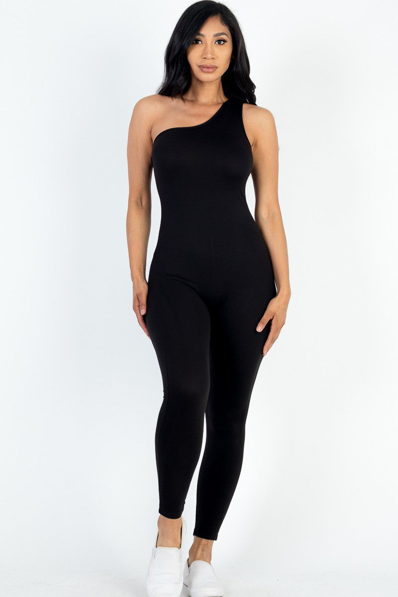 Solid Color One Shoulder Bodycon Jumpsuit