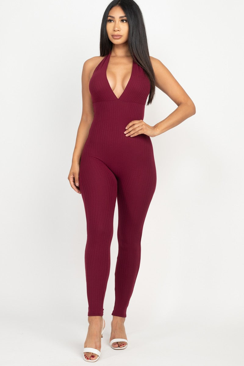 Halter V Neck Ribbed Bodycon catsuits Jumpsuit