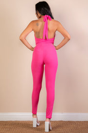 Halter V Neck Ribbed Bodycon catsuits Jumpsuit