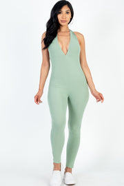 Halter V Neck Ribbed Bodycon catsuits Jumpsuit