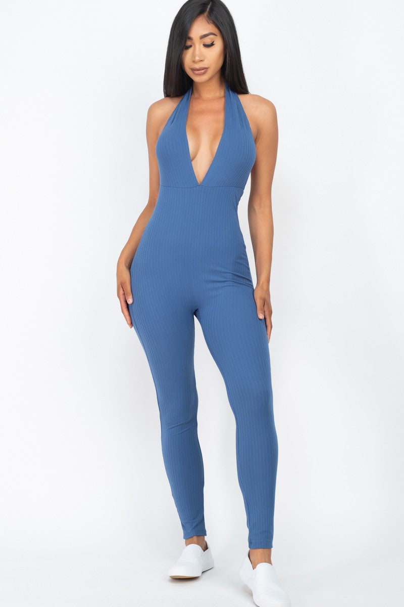Halter V Neck Ribbed Bodycon catsuits Jumpsuit