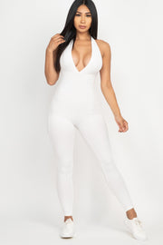 Halter V Neck Ribbed Bodycon catsuits Jumpsuit