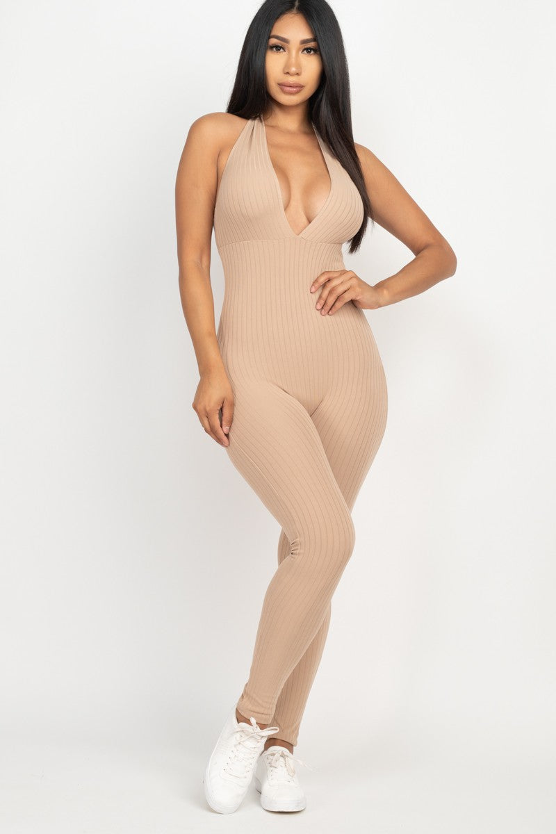 Halter V Neck Ribbed Bodycon catsuits Jumpsuit