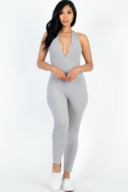 Halter V Neck Ribbed Bodycon catsuits Jumpsuit